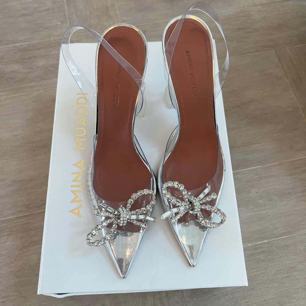Amina Muaddi 95 MM Rosie Glass Sling. Size 36.